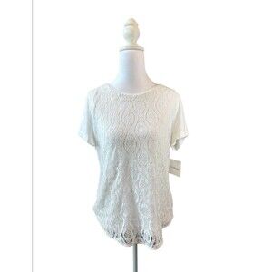 Womens Croft & Barrow White Lace Blouse Shirt Top Short Sleeve XL Extra Large